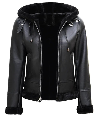 Moon Walker Fashions Women's Black Real Leather Hooded Shearling Jacket